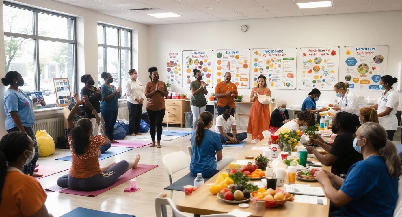 A community health promotion workshop with a cooking demonstration.