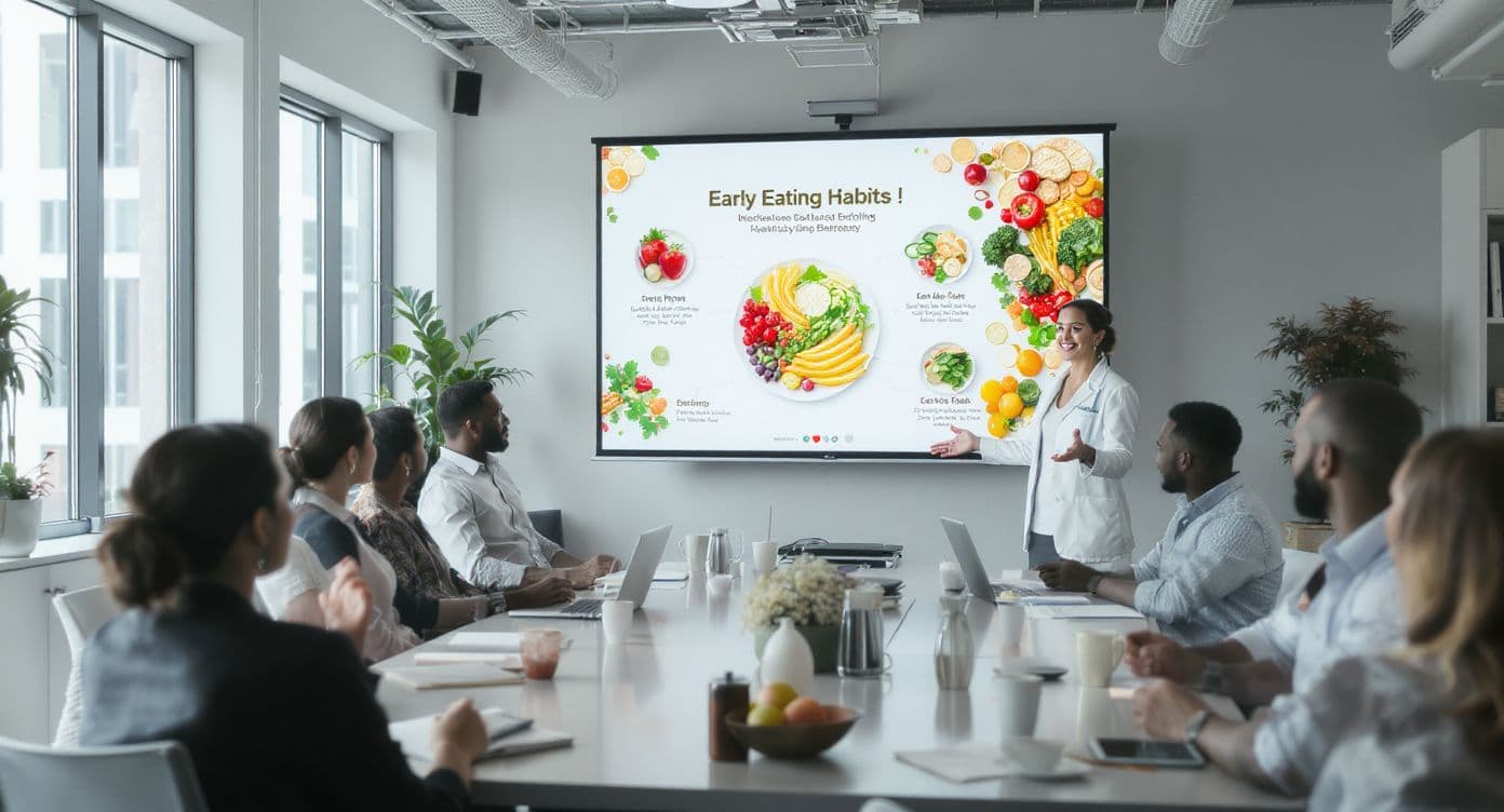 Une diététiste anime un atelier sur les habitudes alimentaires devant une équipe.