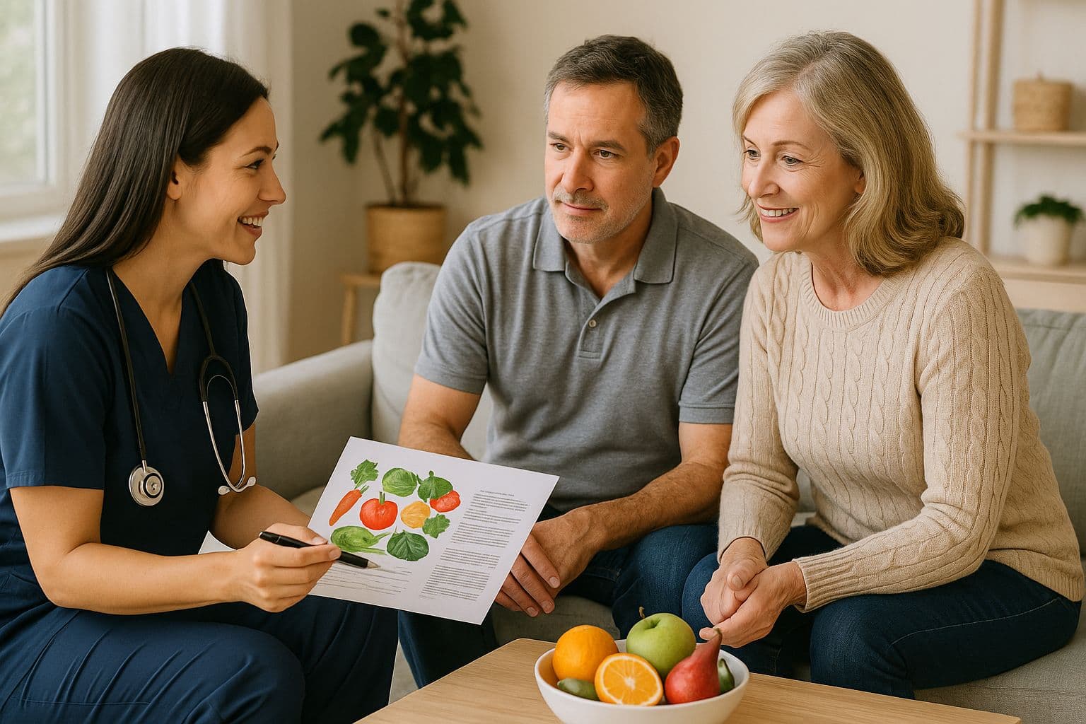 Une infirmière explique un plan alimentaire à un couple, chez lui.