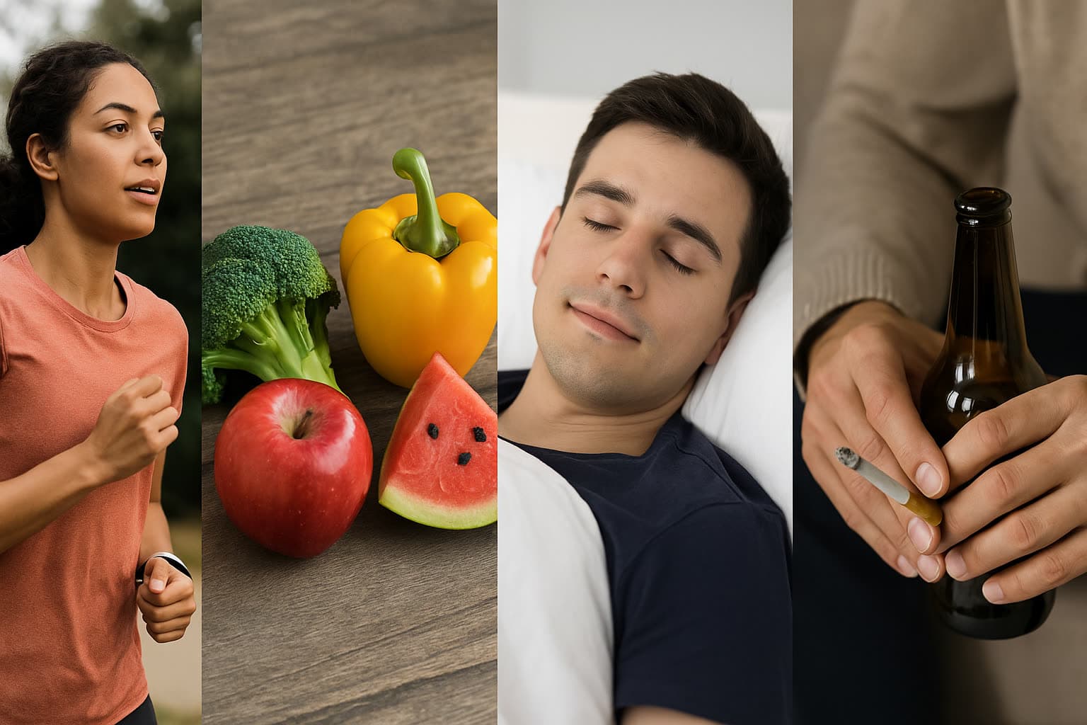 Four pictures: a woman running, fruit and vegetables, a man sleeping, a hand holding a cigarette and a bottle.